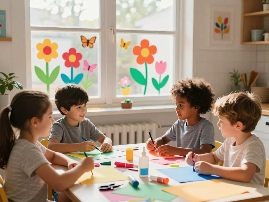 Kinder basteln gemeinsam Fensterdeko