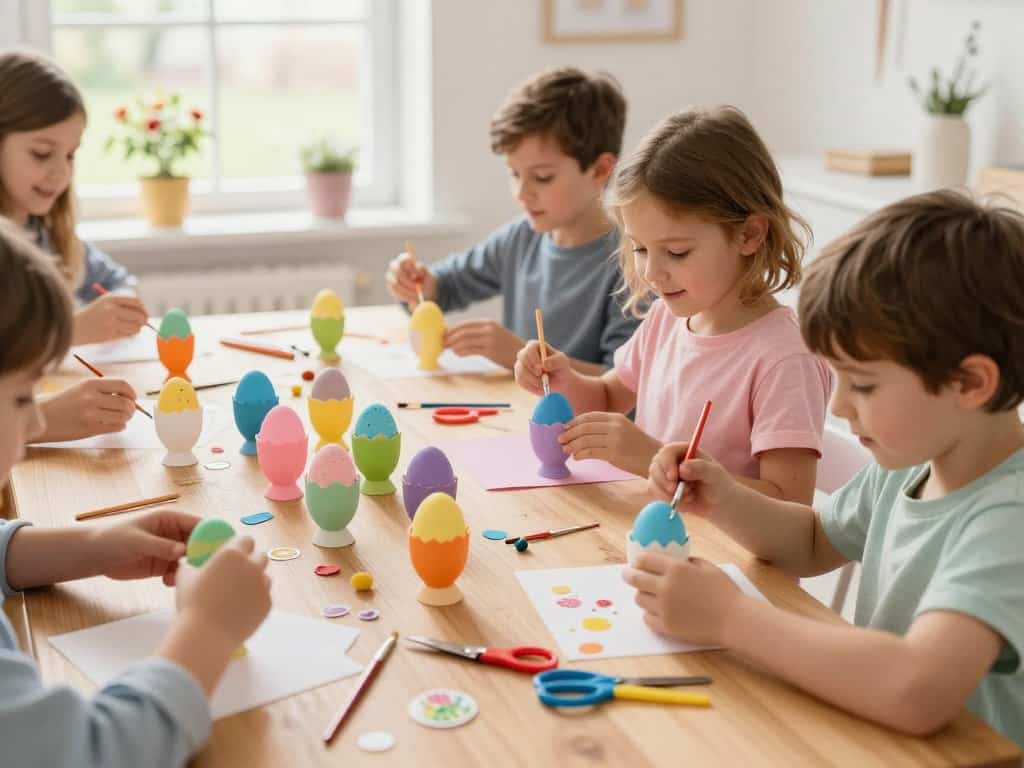 Kinder beim Basteln von Ostereierbechern