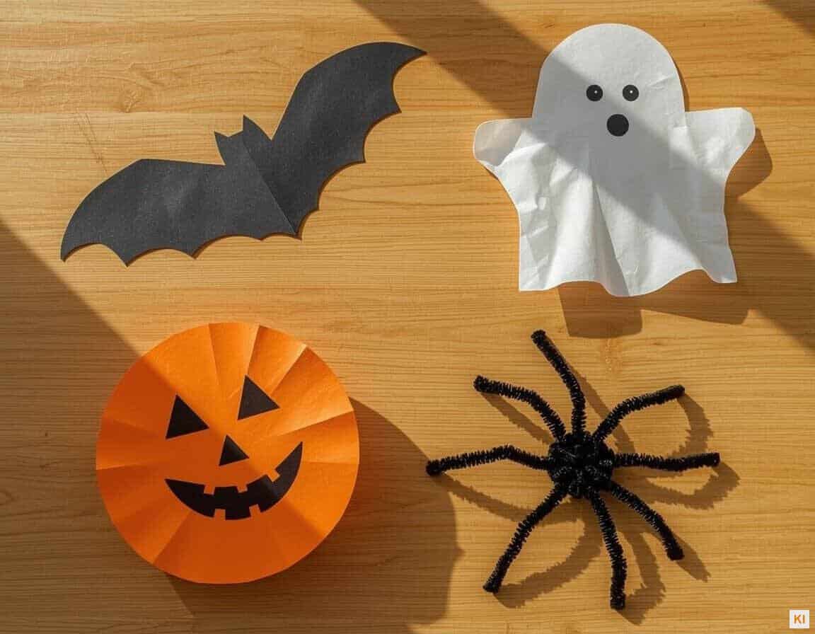 Halloween Basteln mit Kindern: Fledermaus, Kürbis, Geist und Spinne aus Papier und Pfeifenreinigern