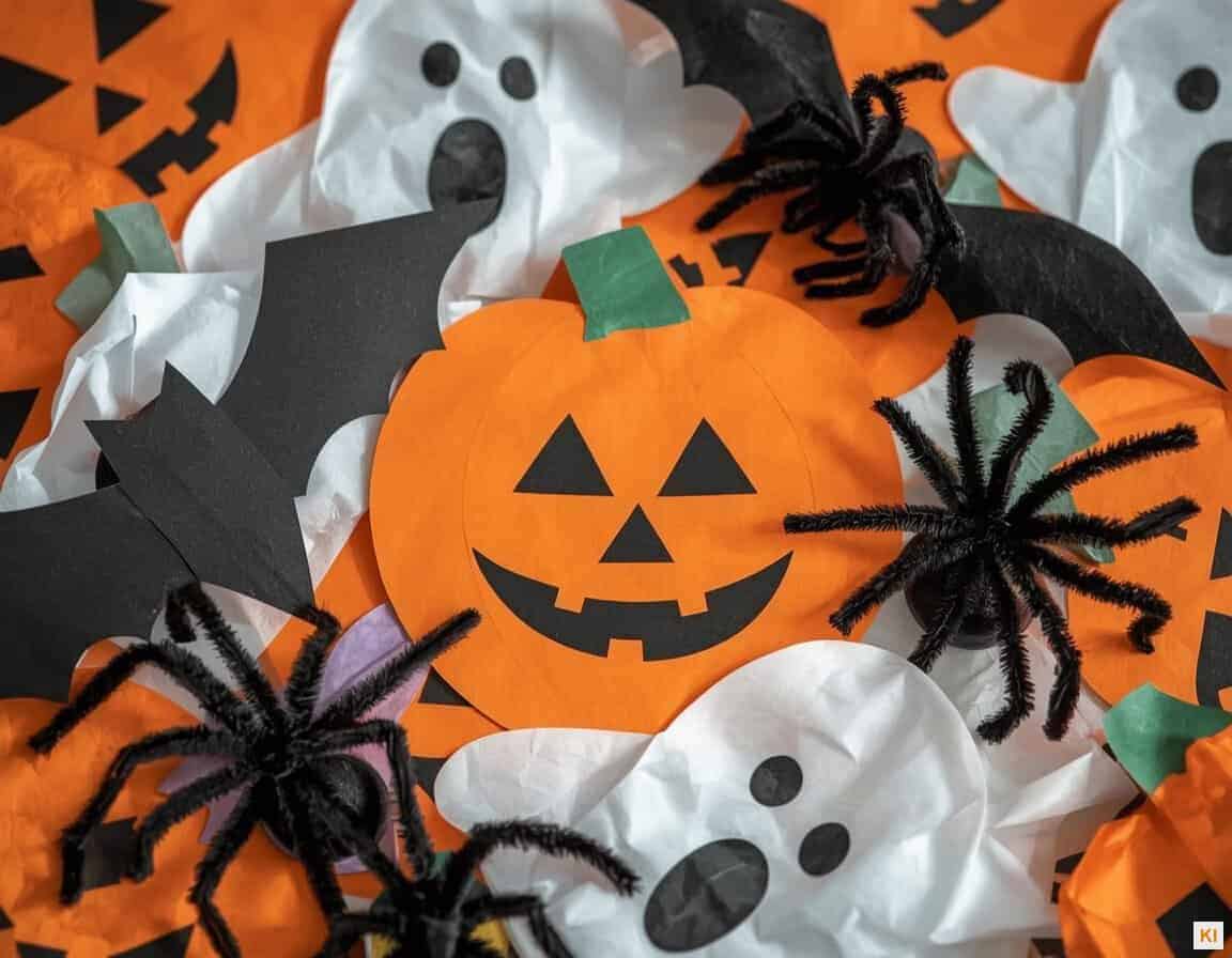 Halloween Basteln mit Kindern: Fledermaus, Kürbis, Geist und Spinne aus Papier