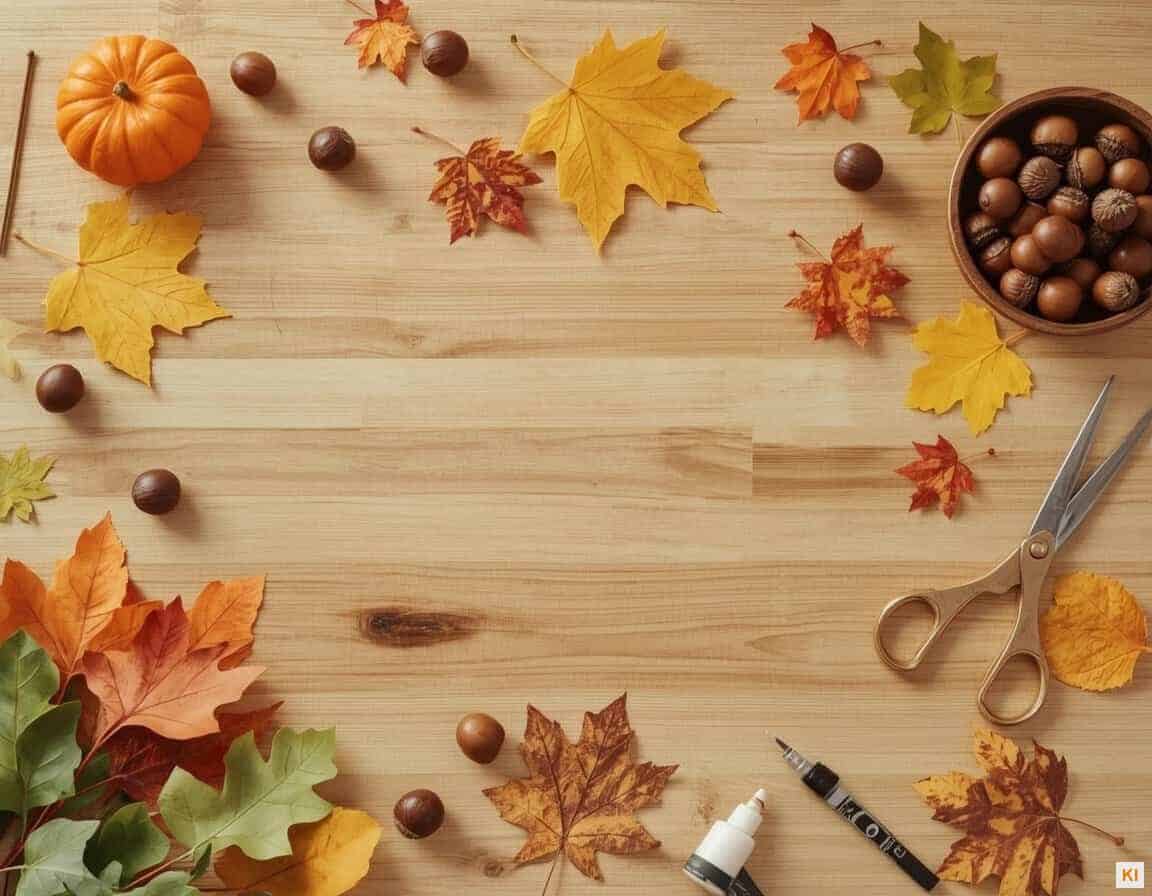 Herbstbasteln mit Kindern: Bunte Blätter, Kastanien und Naturmaterialien auf einem hellen Holztisch Herbstbasteln mit Kindern: Bunte Blätter, Kastanien und Naturmaterialien auf einem hellen Holztisch