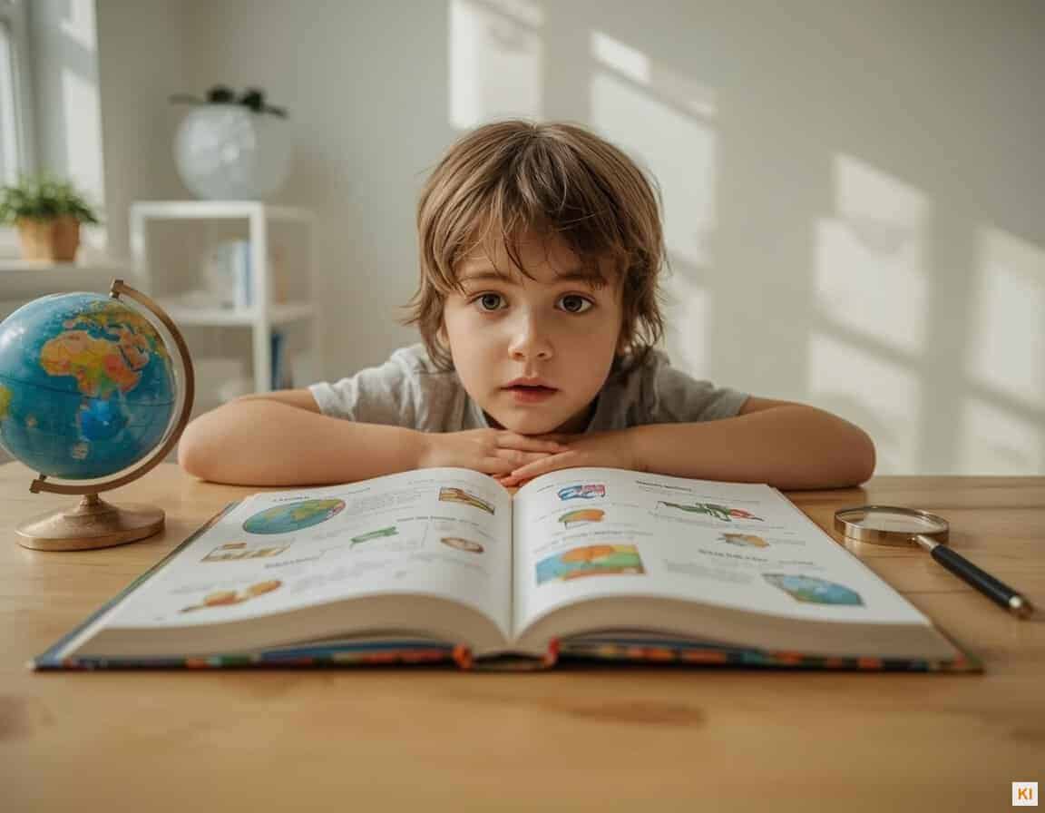 Kind betrachtet staunend ein Sachbuch mit Globus und Lupe auf dem Tisch Kind betrachtet staunend ein Sachbuch mit Globus und Lupe auf dem Tisch